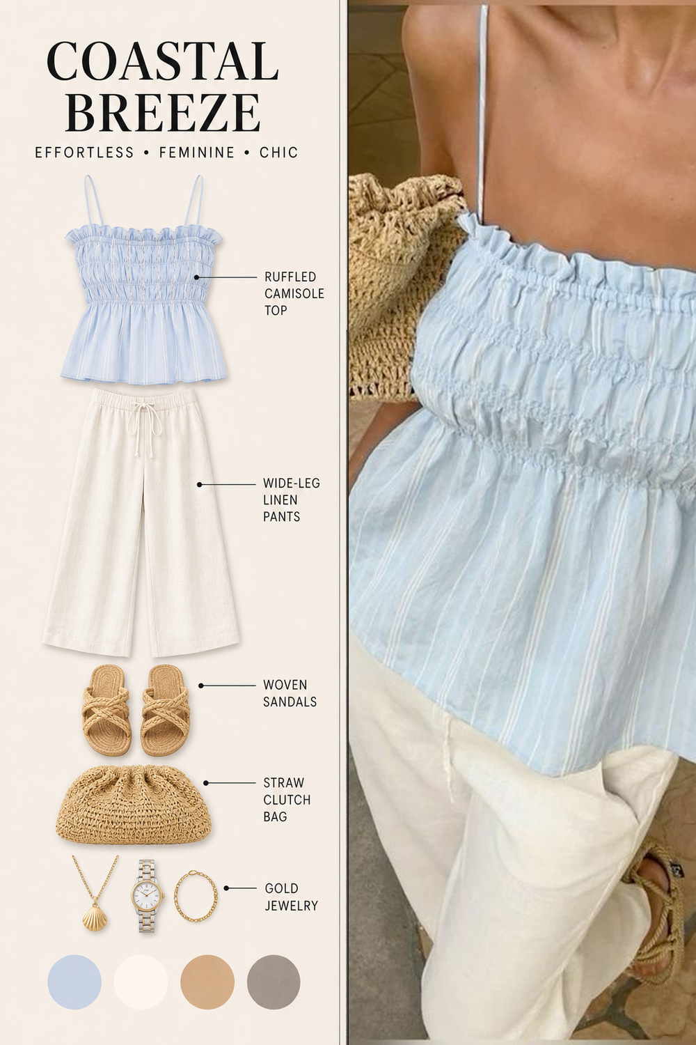 Summer Outfit Color Combination Infographic 10 Split fashion collage showing Coastal Breeze outfit: blue ruffled camisole, white linen wide-leg pants, woven sandals, straw clutch, and gold jewelry with color swatches; right shows a close-up of the blue ruched top on a model. | Sky Rye Design Light blue smocked top and white pants summer outfit infographic