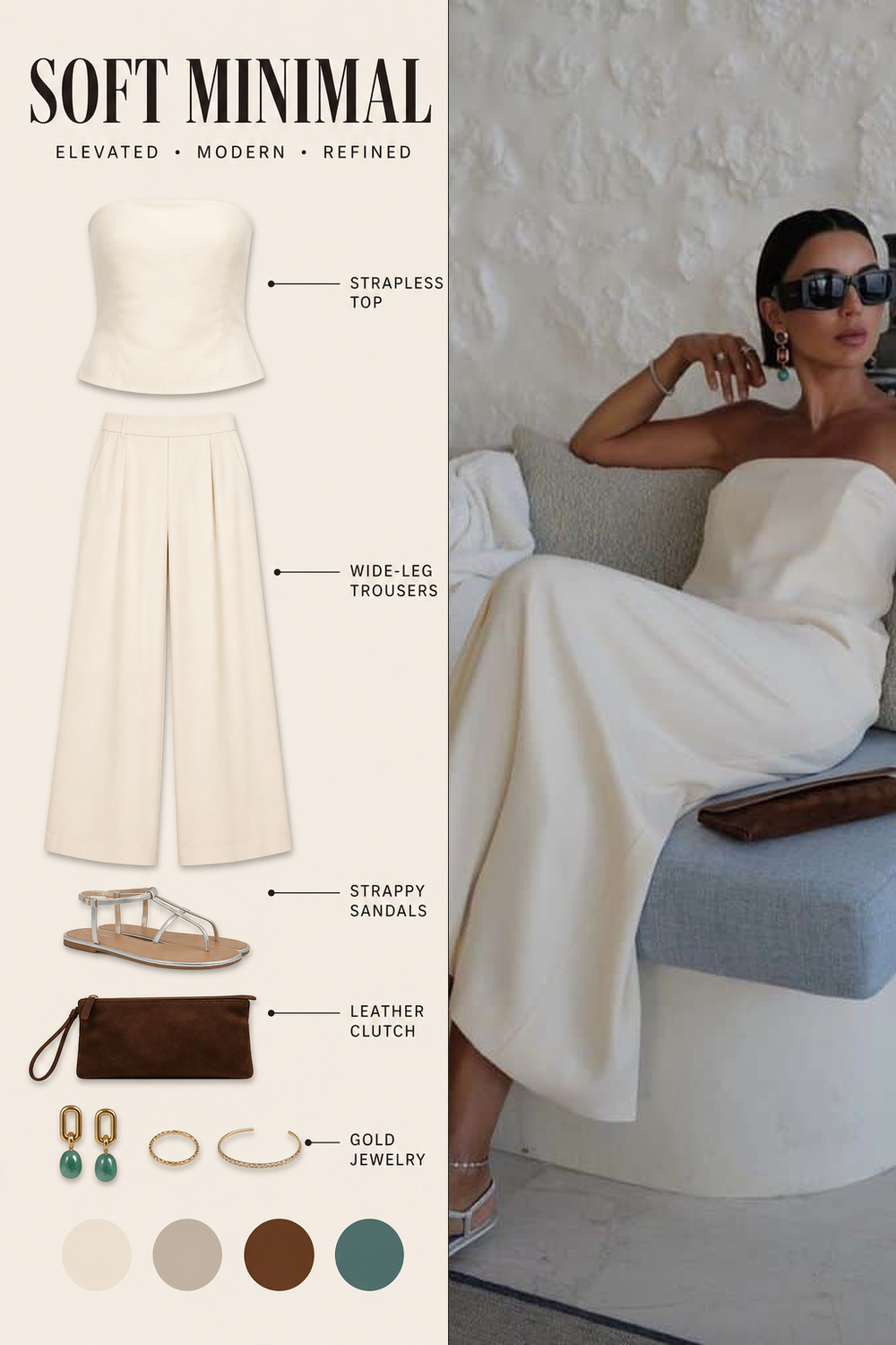Summer Vacation Capsule Wardrobe Outfit Infographic 01 Pinterest outfit infographic for a white strapless summer travel capsule wardrobe look with sandals and clutch. | Sky Rye Design Pinterest outfit infographic for a white strapless summer travel capsule wardrobe look with sandals and clutch.