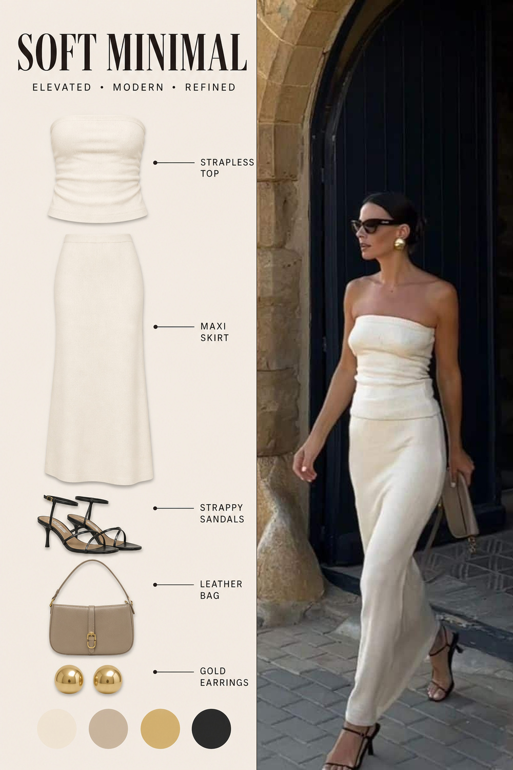 Summer Vacation Capsule Wardrobe Outfit Infographic 02 Pinterest outfit infographic for a cream vacation capsule outfit with black sandals and a neutral handbag. | Sky Rye Design Pinterest outfit infographic for a cream vacation capsule outfit with black sandals and a neutral handbag.