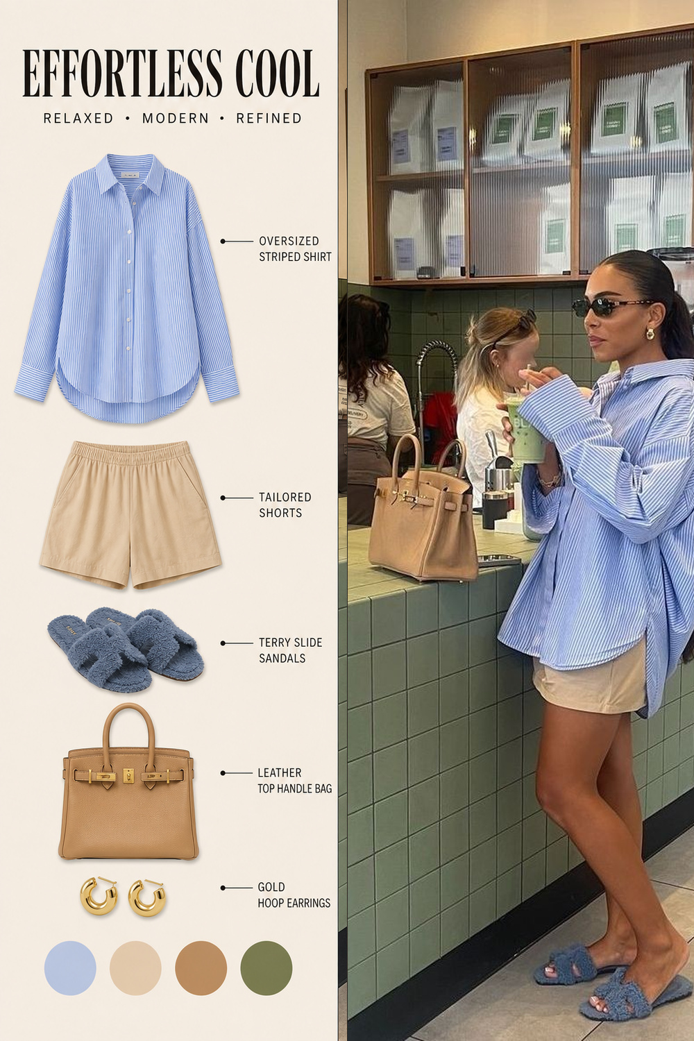 Summer Vacation Capsule Wardrobe Outfit Infographic 03 Pinterest outfit infographic for a blue striped shirt, tailored shorts, fuzzy slides, and tan handbag. | Sky Rye Design Pinterest outfit infographic for a blue striped shirt, tailored shorts, fuzzy slides, and tan handbag.