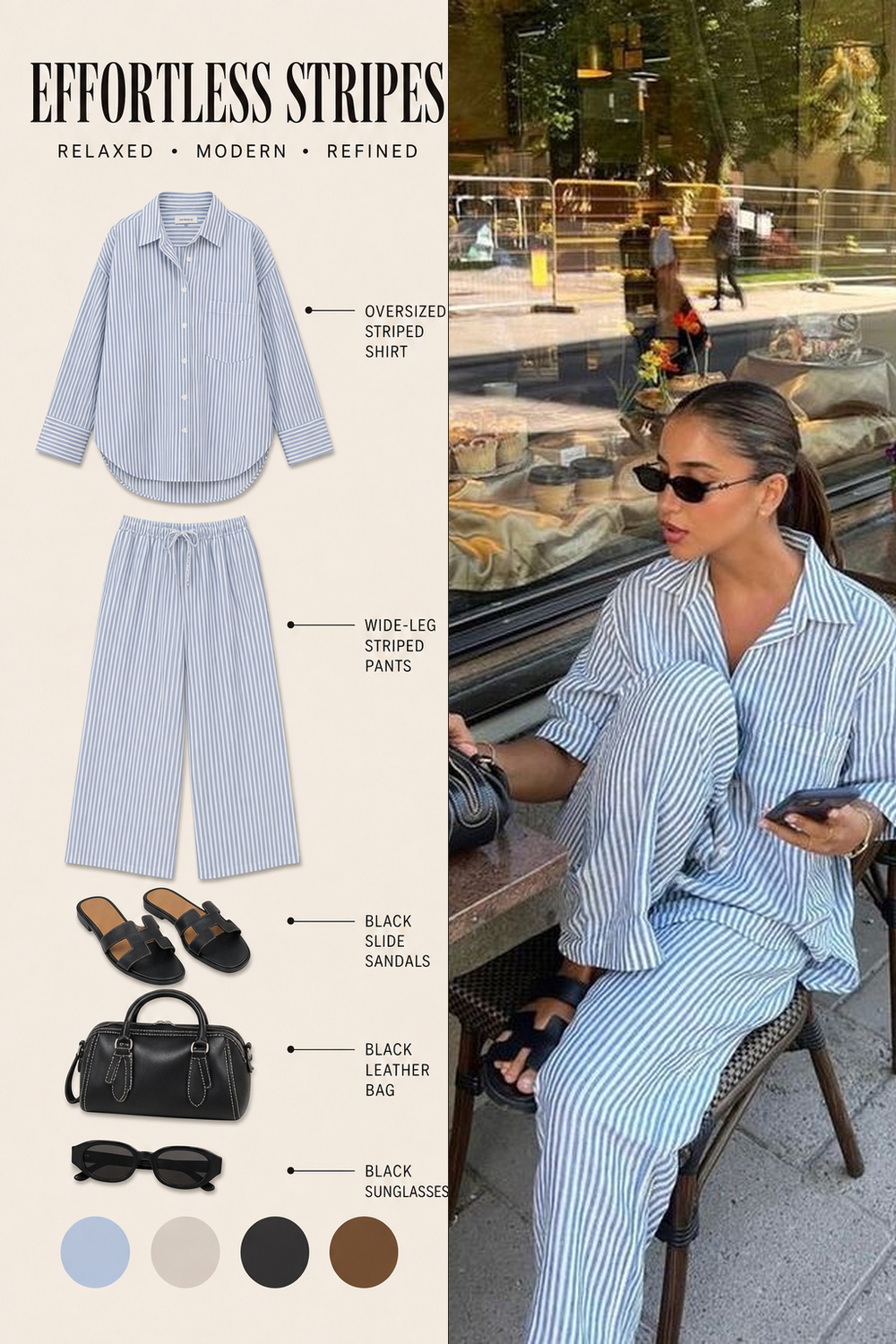 Summer Vacation Capsule Wardrobe Outfit Infographic 04 Pinterest outfit infographic for a striped cafe outfit with relaxed blue set, black sandals, and black bag. | Sky Rye Design Pinterest outfit infographic for a striped cafe outfit with relaxed blue set, black sandals, and black bag.
