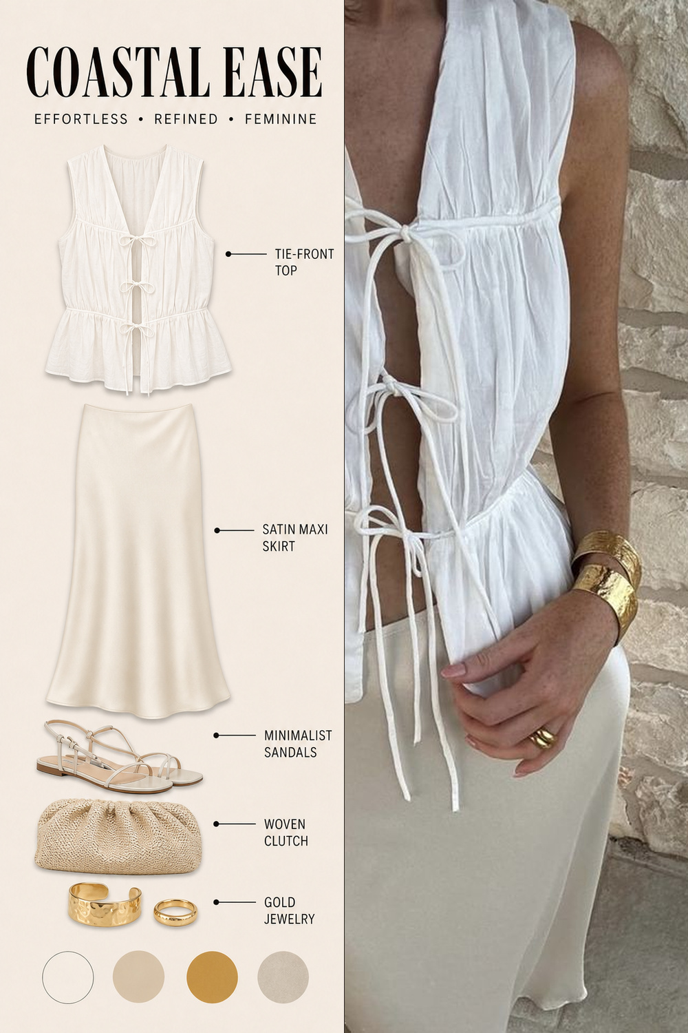 Summer Vacation Capsule Wardrobe Outfit Infographic 05 Pinterest outfit infographic for a white tie-front summer top, neutral skirt, sandals, and gold jewelry. | Sky Rye Design Pinterest outfit infographic for a white tie-front summer top, neutral skirt, sandals, and gold jewelry.