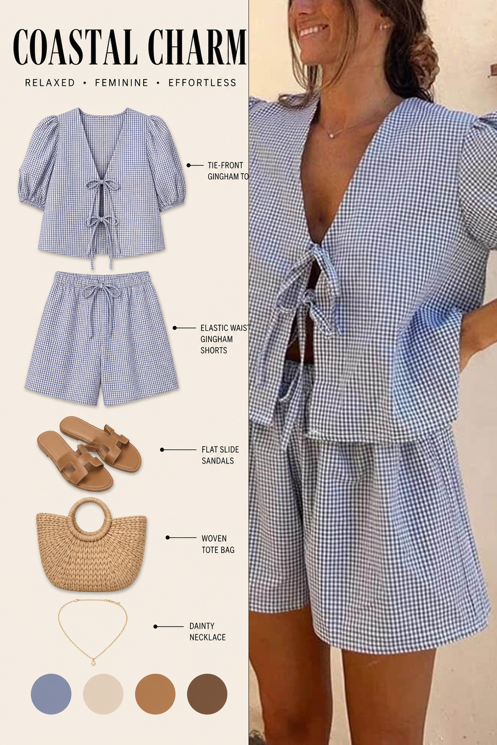 Summer Vacation Capsule Wardrobe Outfit Infographic 06 Pinterest outfit infographic for a blue gingham matching summer set with woven accessories. | Sky Rye Design Pinterest outfit infographic for a blue gingham matching summer set with woven accessories.