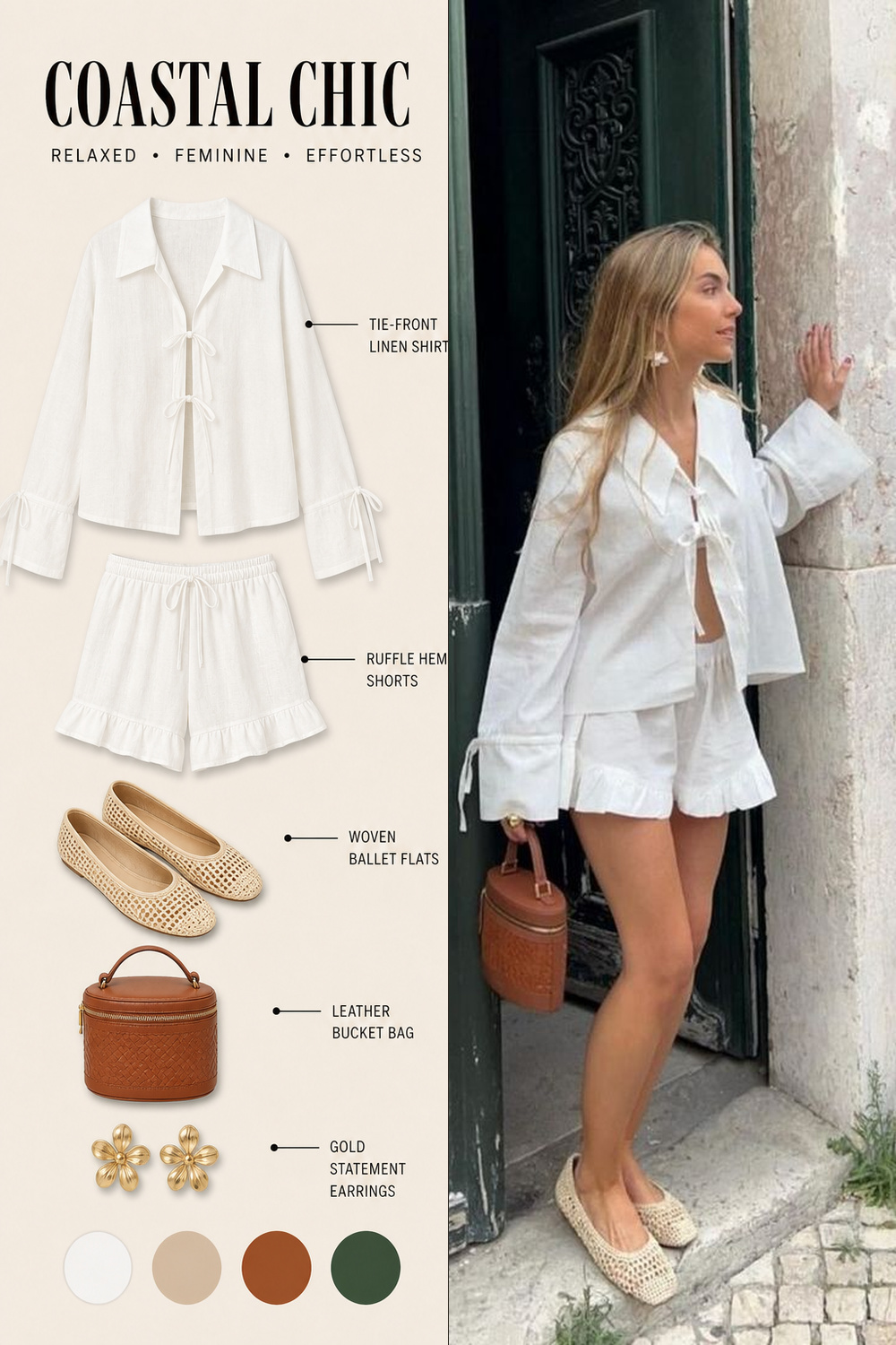 Summer Vacation Capsule Wardrobe Outfit Infographic 07 Pinterest outfit infographic for a white summer set with brown handbag and woven flats. | Sky Rye Design Pinterest outfit infographic for a white summer set with brown handbag and woven flats.