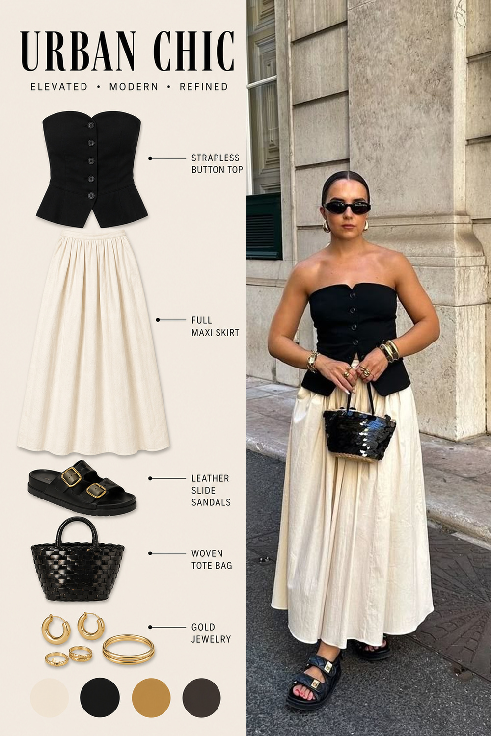 Summer Vacation Capsule Wardrobe Outfit Infographic 08 Pinterest outfit infographic for a black strapless top, cream skirt, chunky sandals, and black bag. | Sky Rye Design Pinterest outfit infographic for a black strapless top, cream skirt, chunky sandals, and black bag.