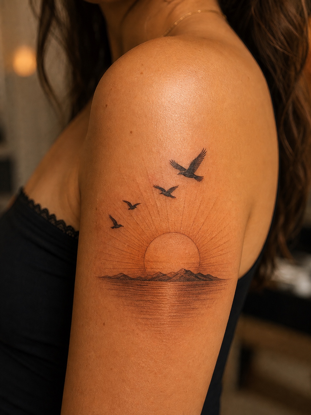 Fine-line shoulder tattoo with bird silhouettes flying across a sunrise.