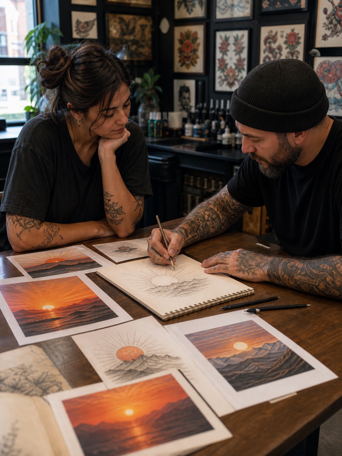 Tattoo consultation table with sunrise reference images and artist sketches.