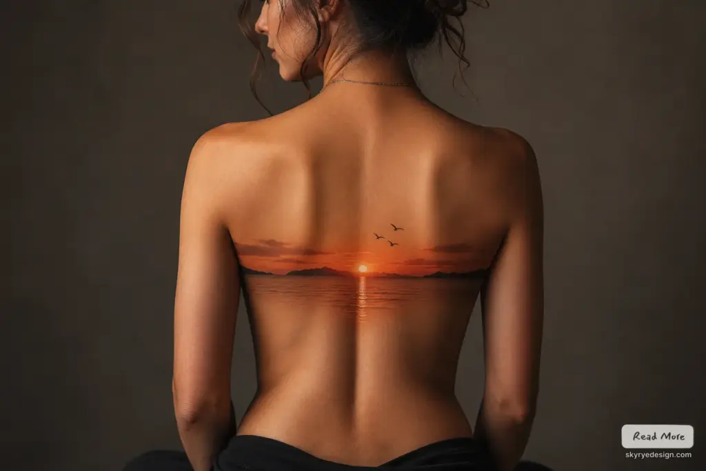 Panoramic seascape sunset tattoo across woman's upper back with birds and the sun reflecting on water