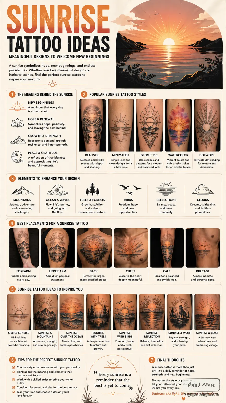 Sunrise tattoo ideas infographic showing styles, meanings, elements, placements and design inspiration.