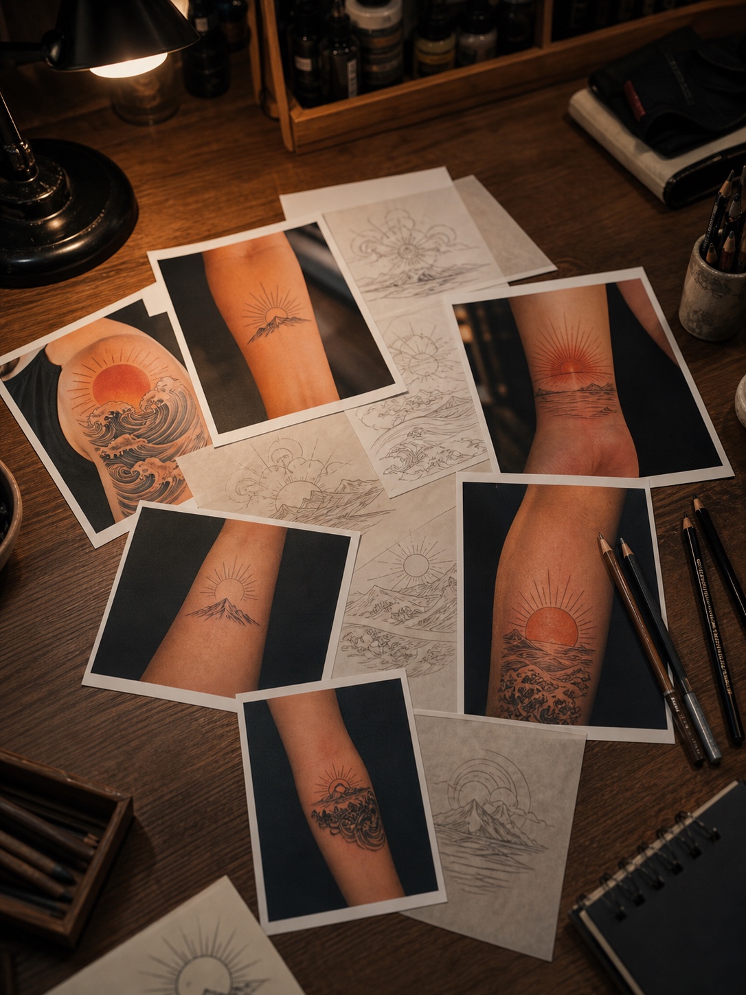 Flat lay of sunrise tattoo reference photos and pencil sketches on a studio desk.