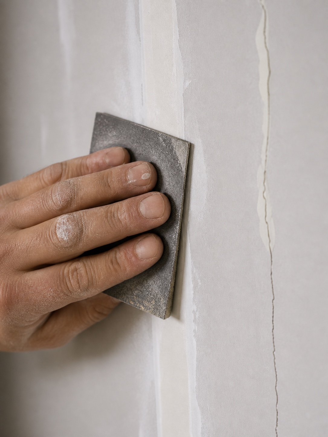 A close-up of a hand sanding a repaired wall joint beside a filled hairline crack