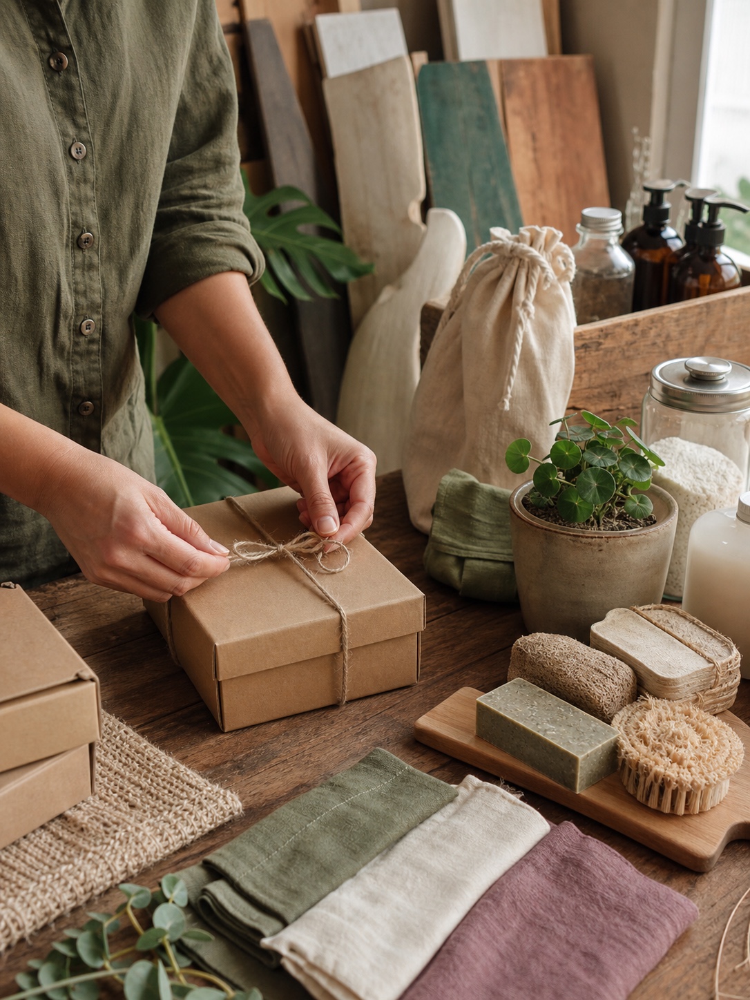 Eco-friendly maker studio with recyclable packaging, natural textiles, refill jars, and handmade goods.