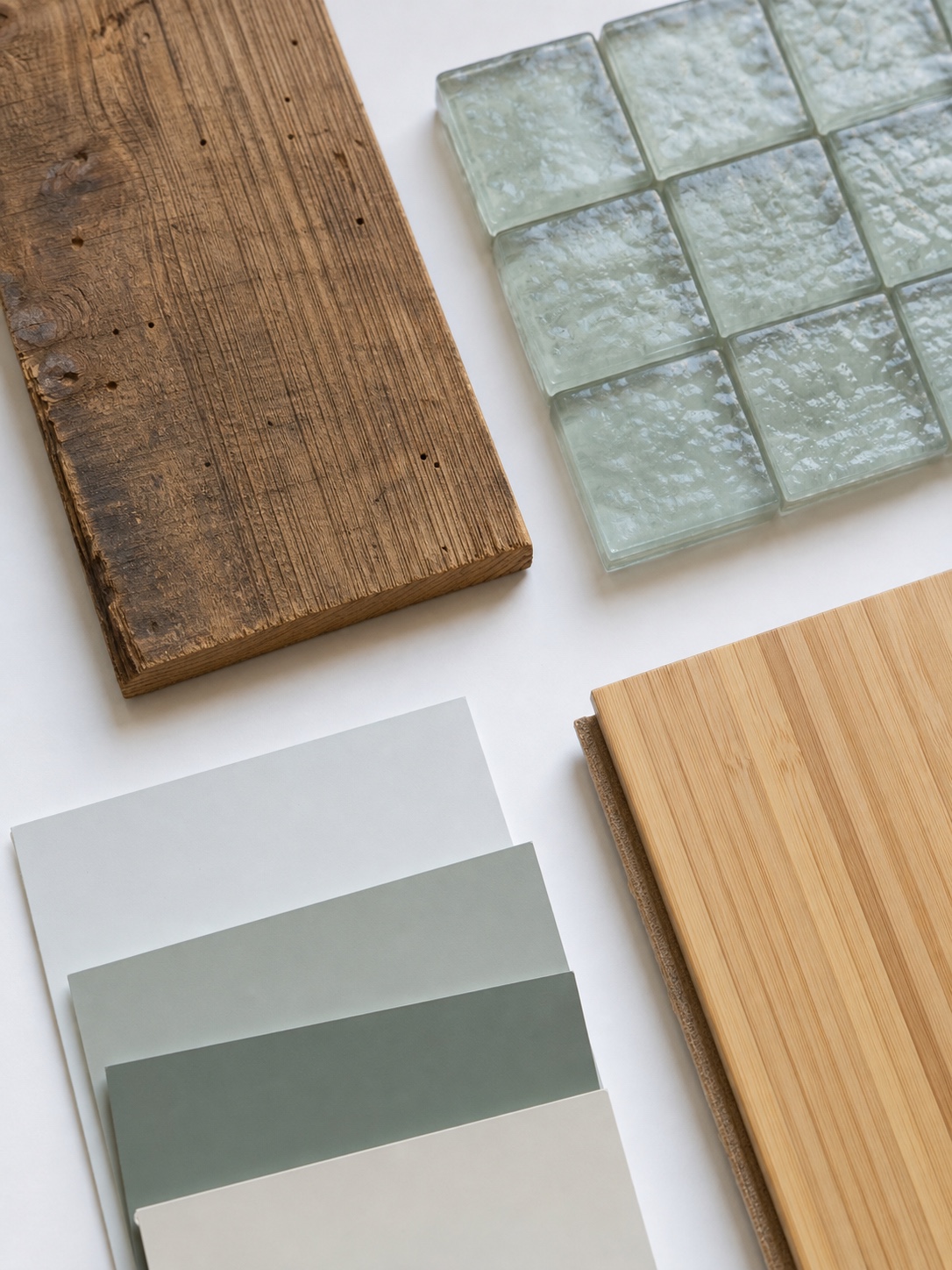 Flat lay of reclaimed wood, recycled glass tile, low-VOC paint samples, and bamboo flooring for a sustainable renovation.