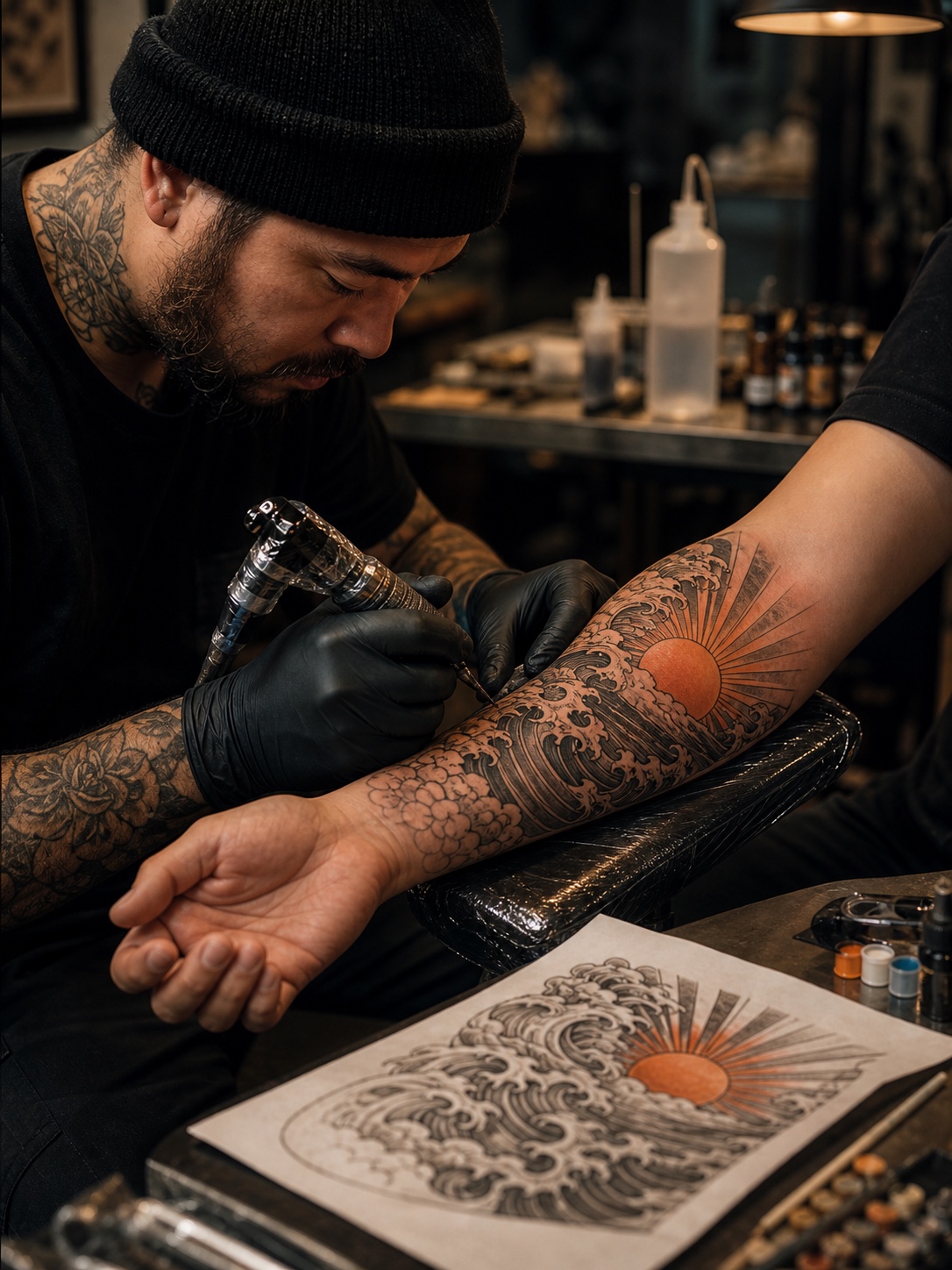 Tattoo artist working on a sunrise sleeve design in a professional studio.
