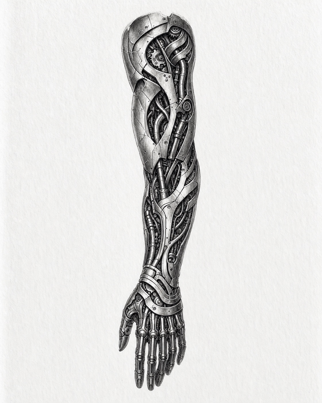 Mechanical Arm Reveal tattoo idea for men
