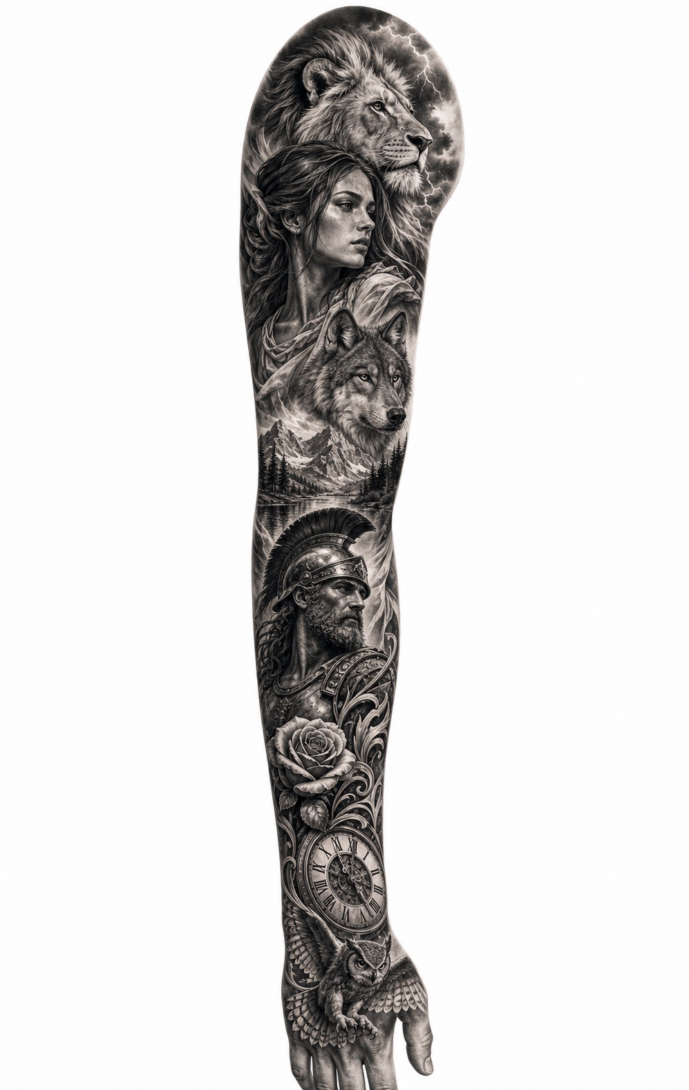 Black and Grey Realism Sleeve tattoo idea for men