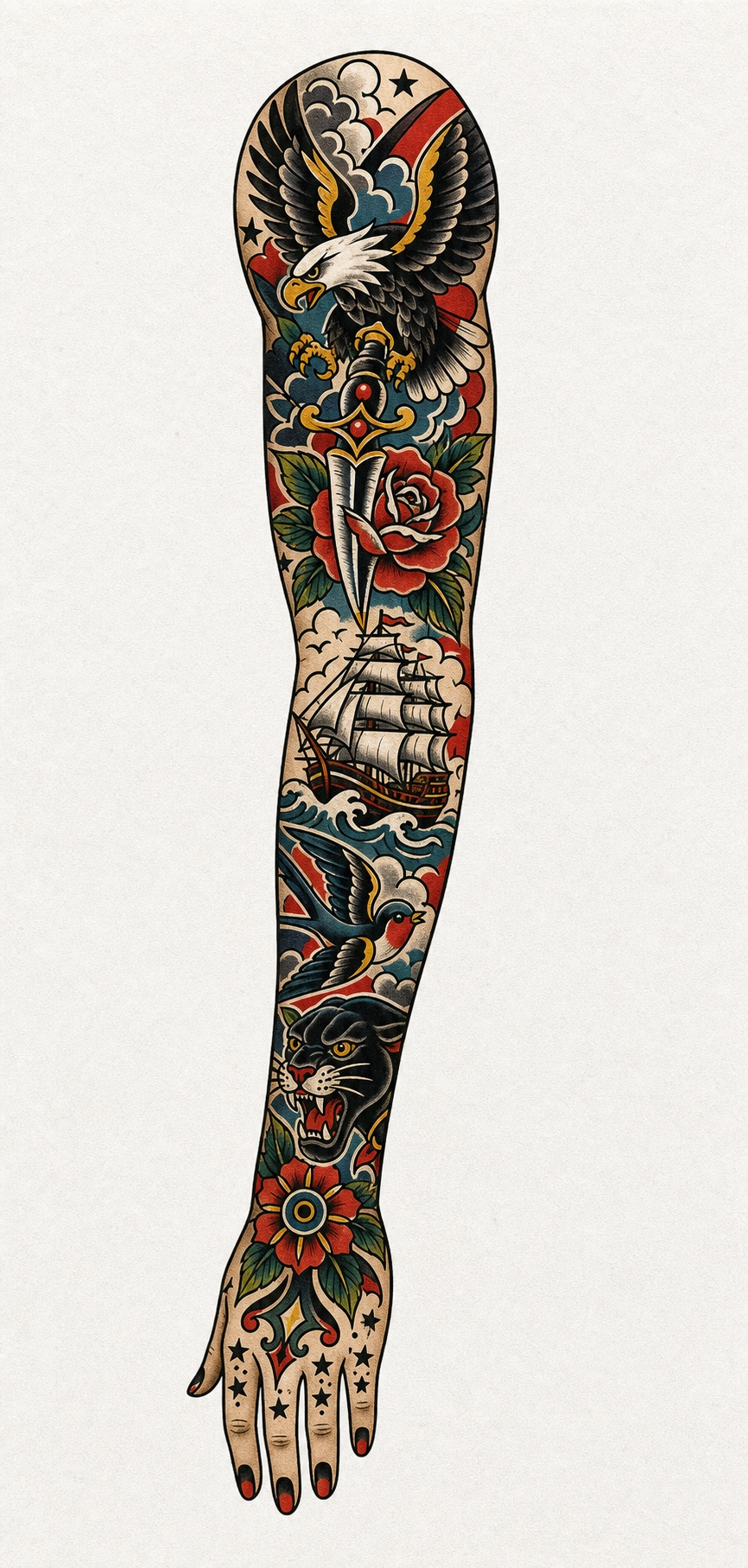 American Traditional Full Sleeve tattoo idea for men