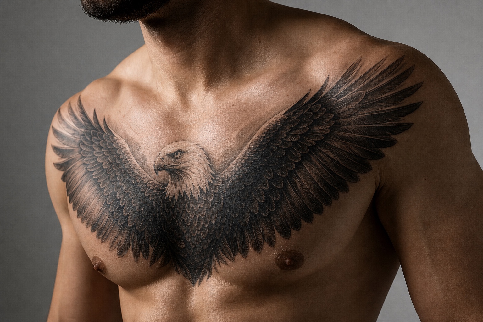 Minimal male eagle wingspan chest piece tattoo placement idea