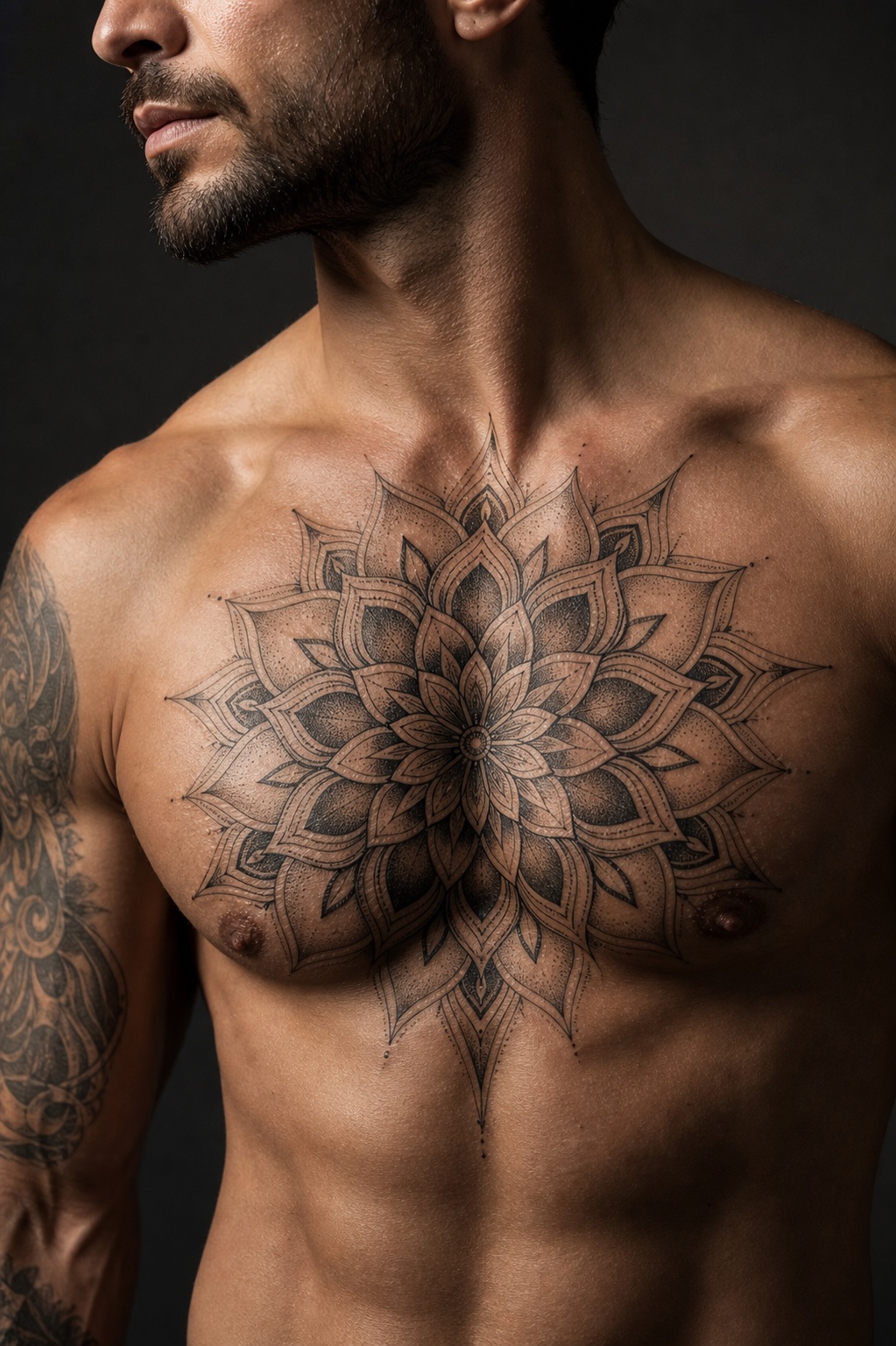 Minimal male chest mandala with sternum line tattoo placement idea