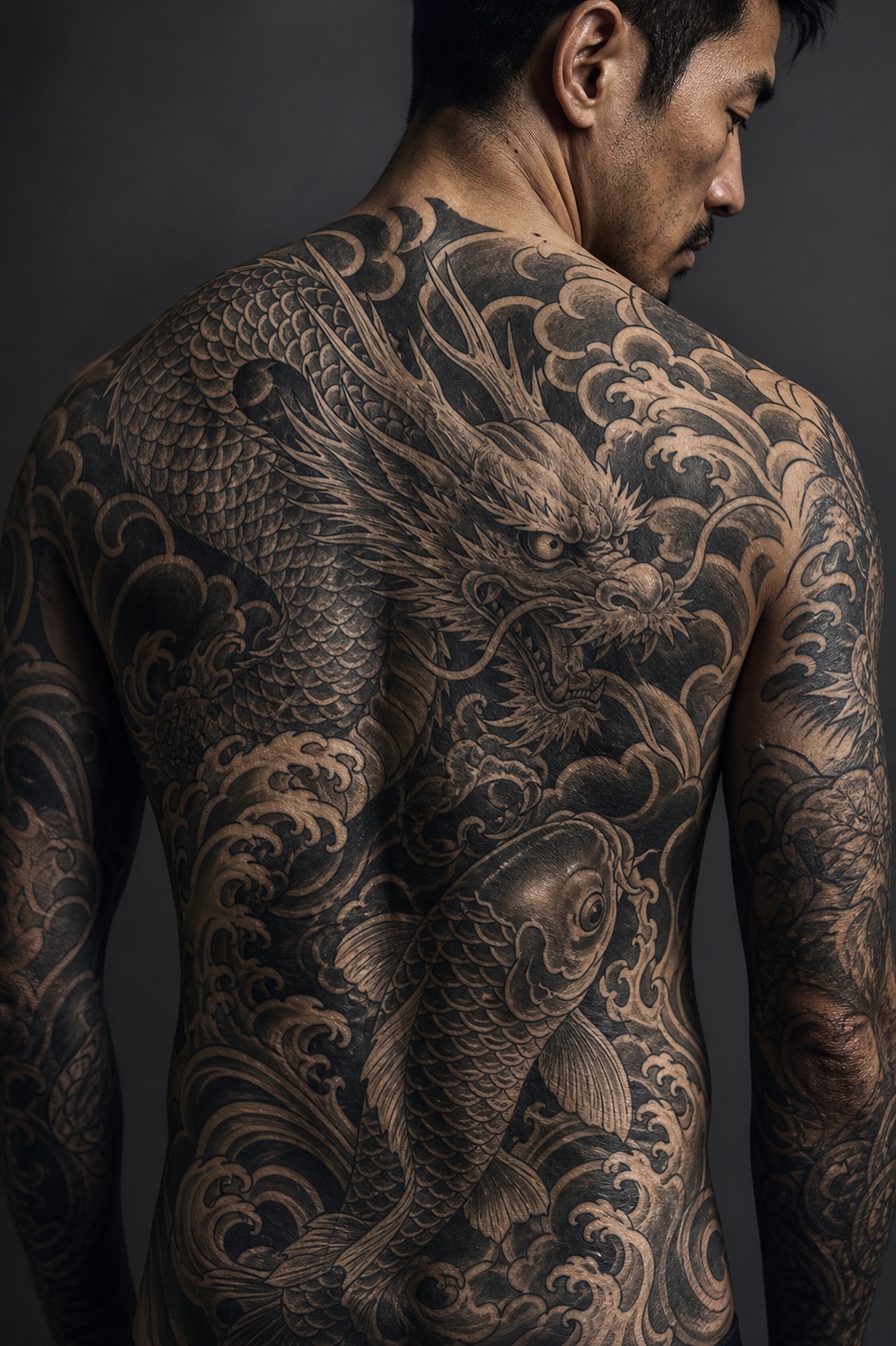 Minimal male japanese back piece tattoo placement idea