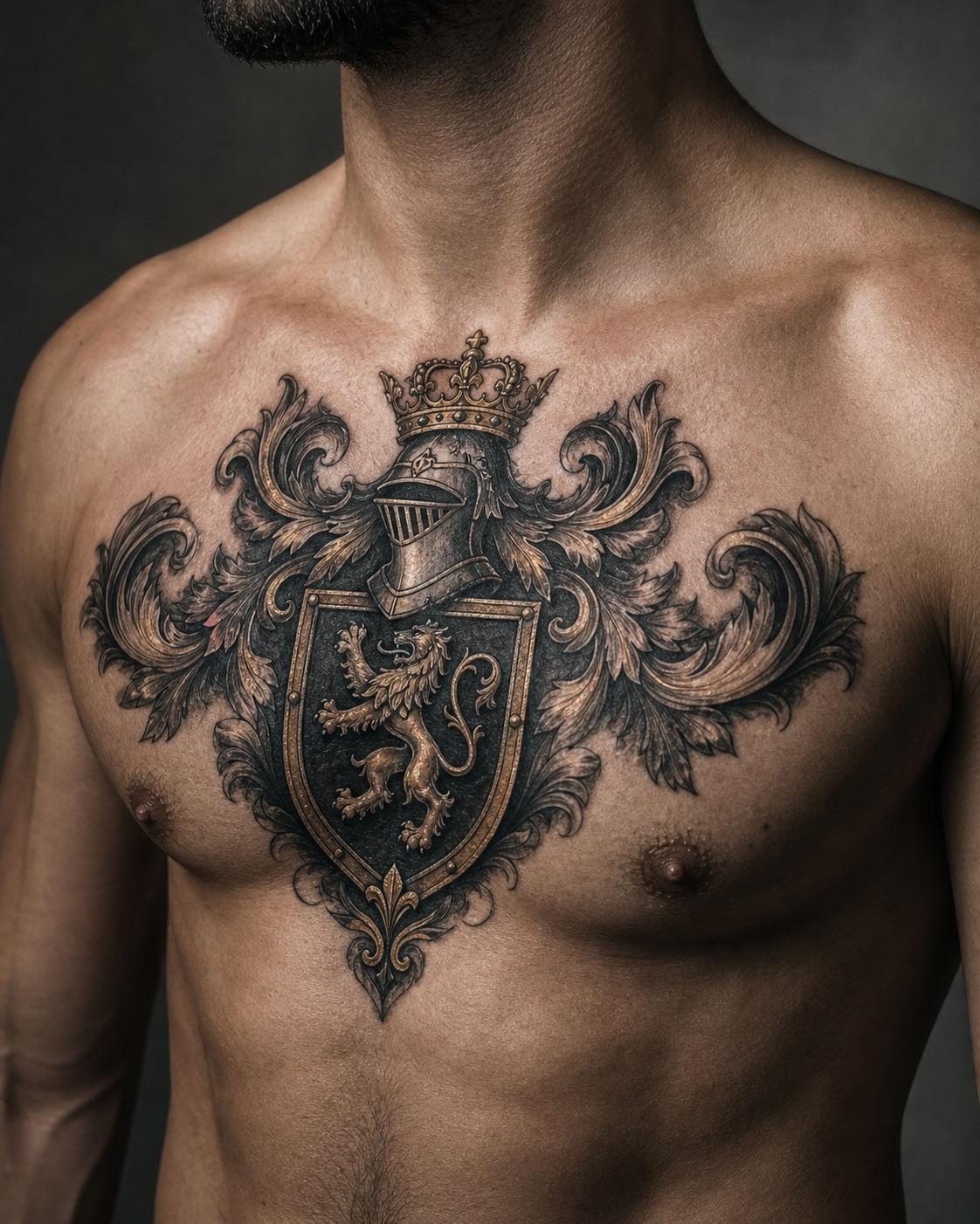 Minimal male family coat of arms chest piece tattoo placement idea
