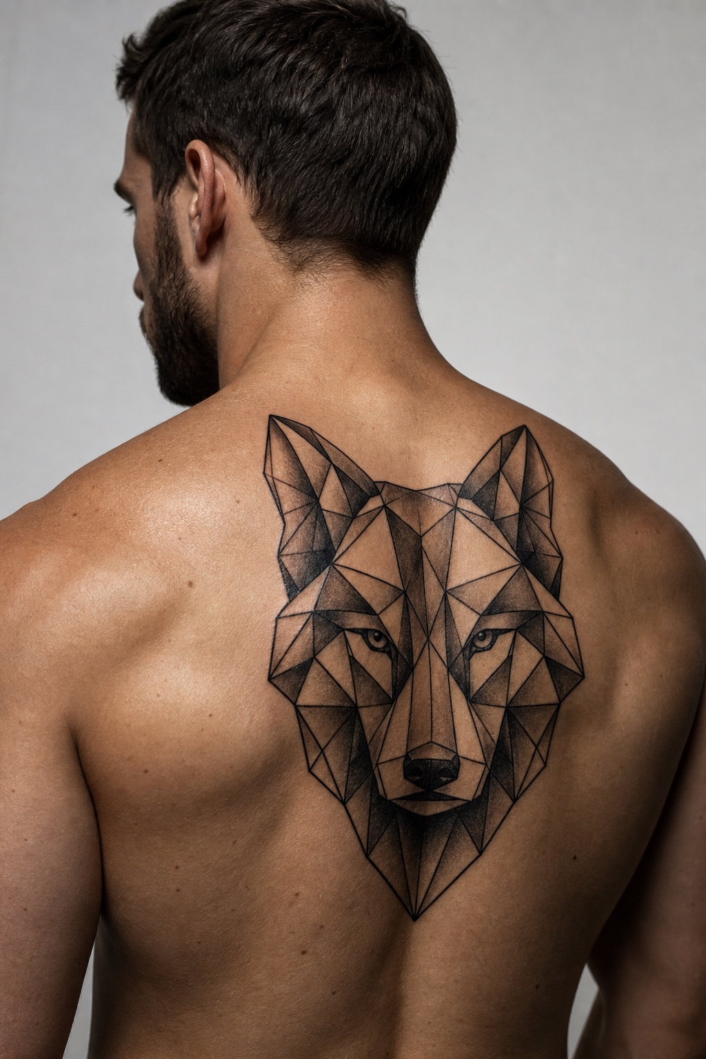 Minimal male geometric wolf back piece tattoo placement idea