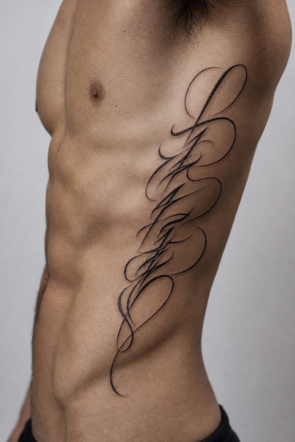 Minimal male ribcage script tattoo placement idea