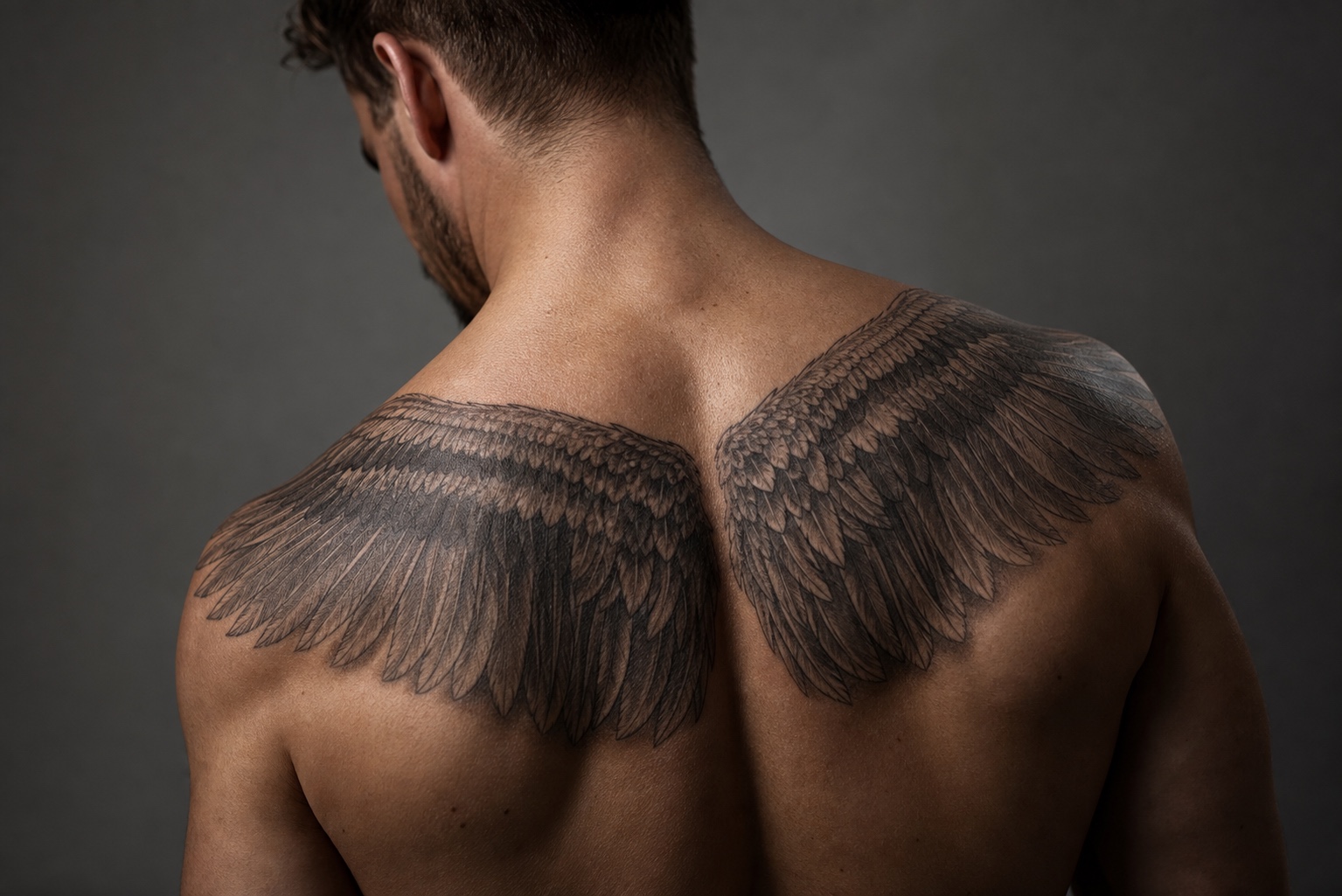Minimal male upper back wings tattoo placement idea