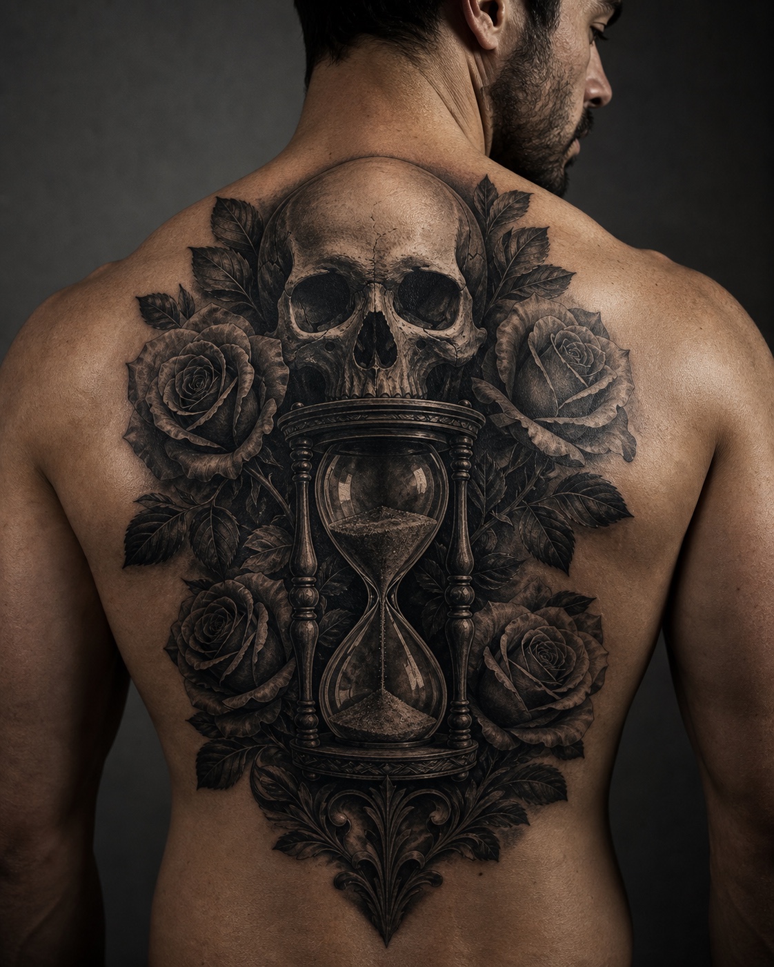 Minimal male skull and hourglass back piece tattoo placement idea