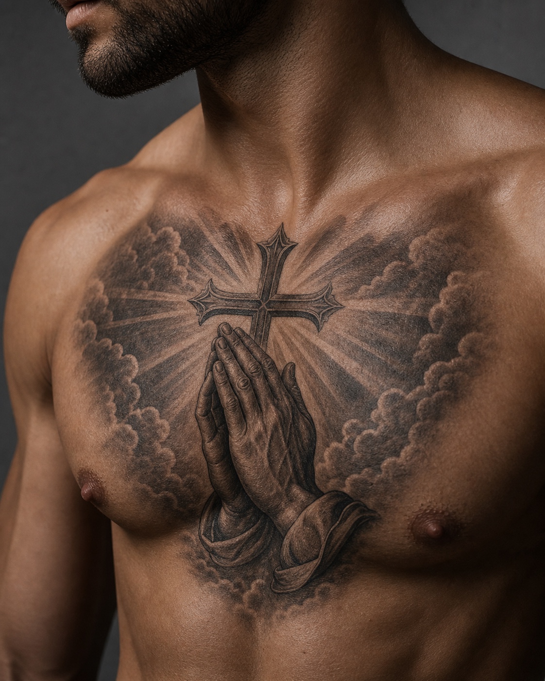 Minimal male religious chest piece tattoo placement idea