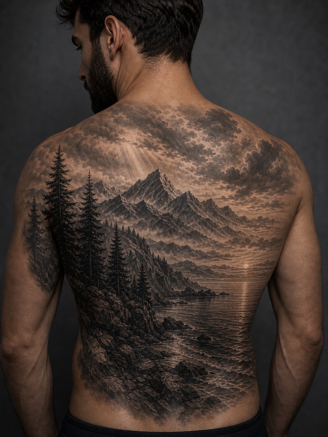 Minimal male full back landscape tattoo placement idea