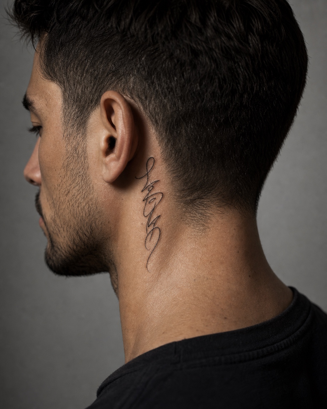 Minimal male small script behind the ear tattoo placement idea