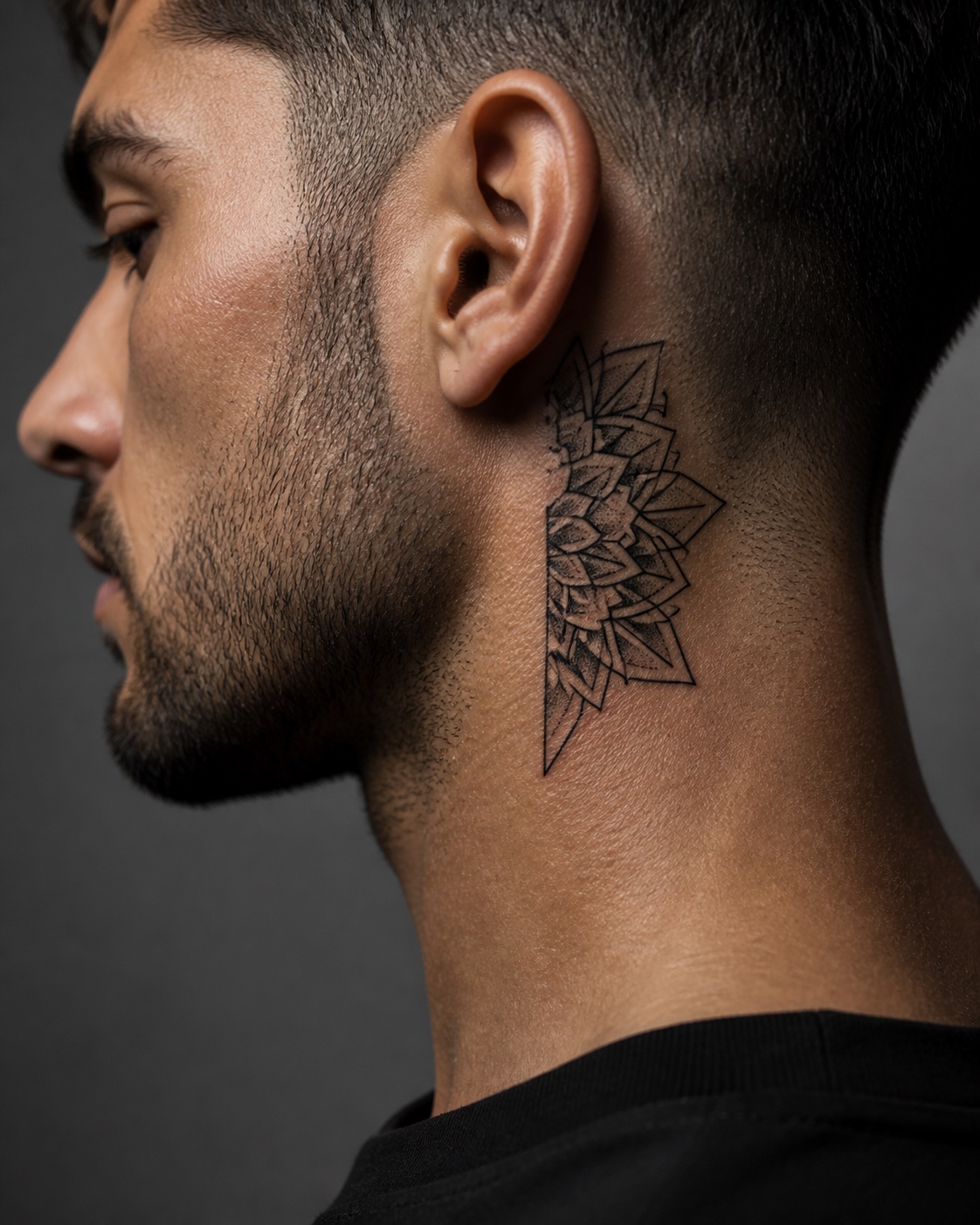 Minimal male geometric pattern side neck tattoo placement idea