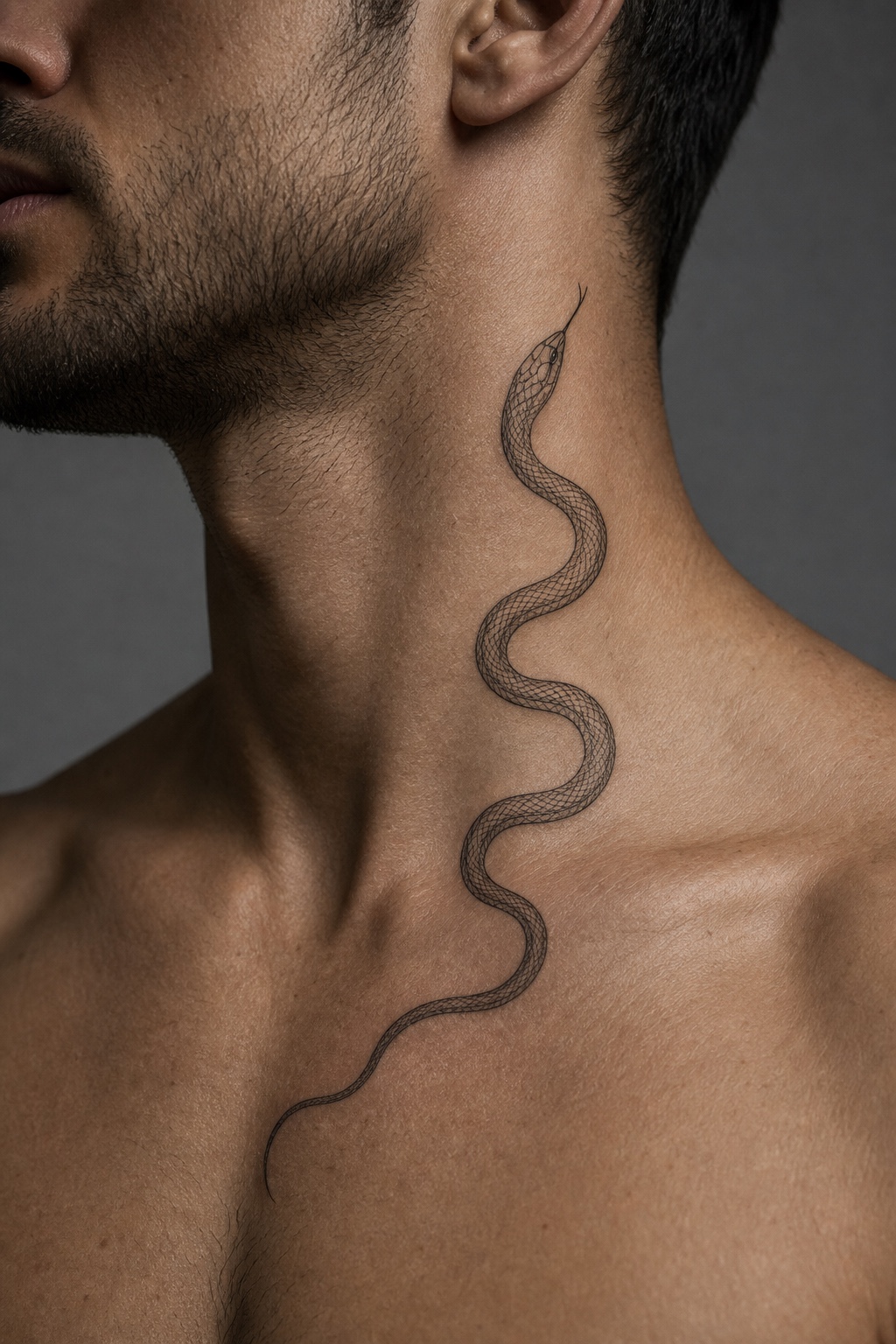 Minimal male snake curling up the neck tattoo placement idea