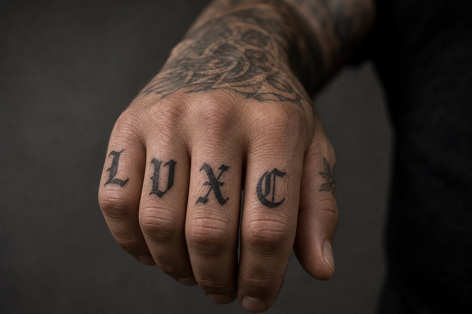 Minimal male finger text tattoo placement idea