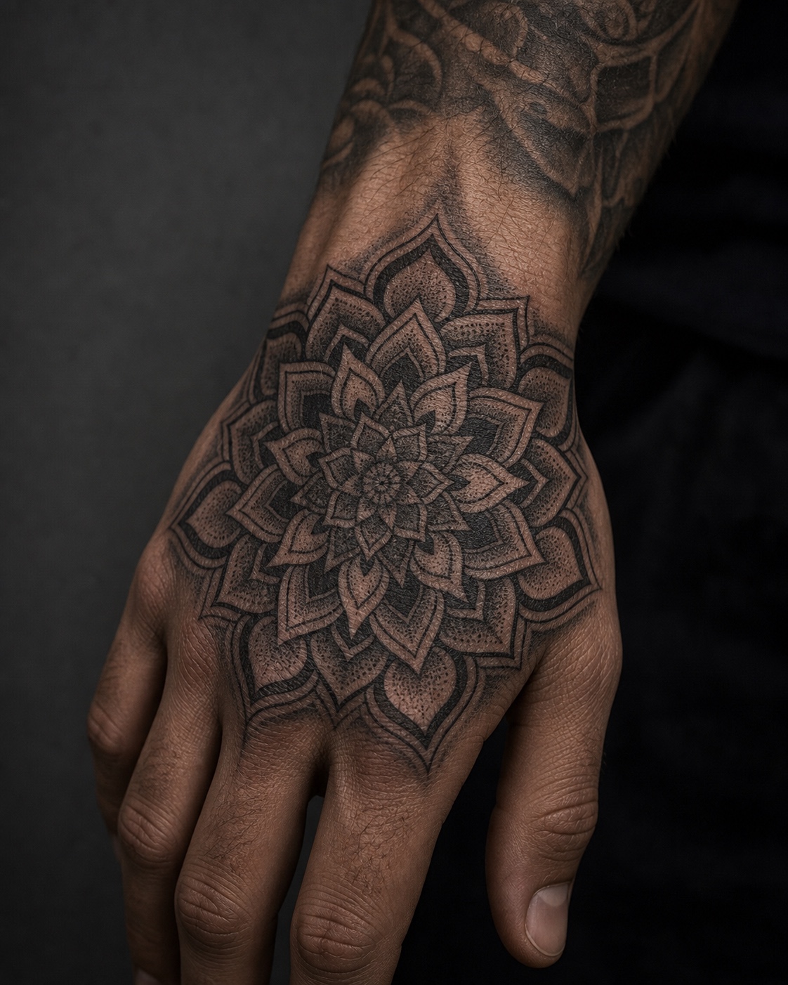 Minimal male mandala back of hand tattoo placement idea