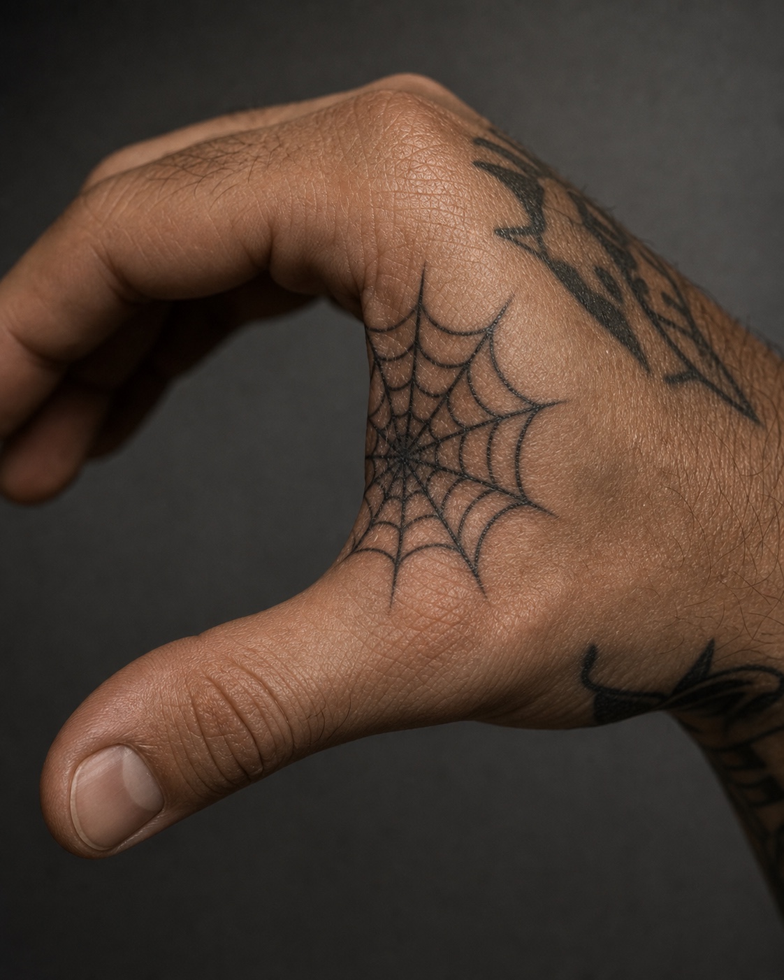 Minimal male spider web thumb web tattoo placement idea
