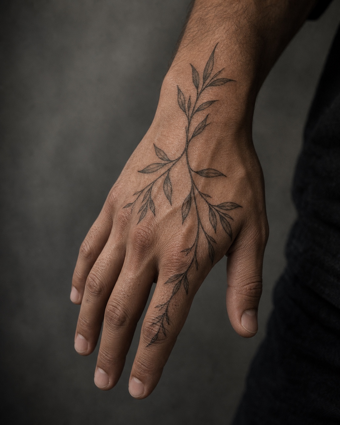 Minimal male fine-line botanical hand tattoo placement idea