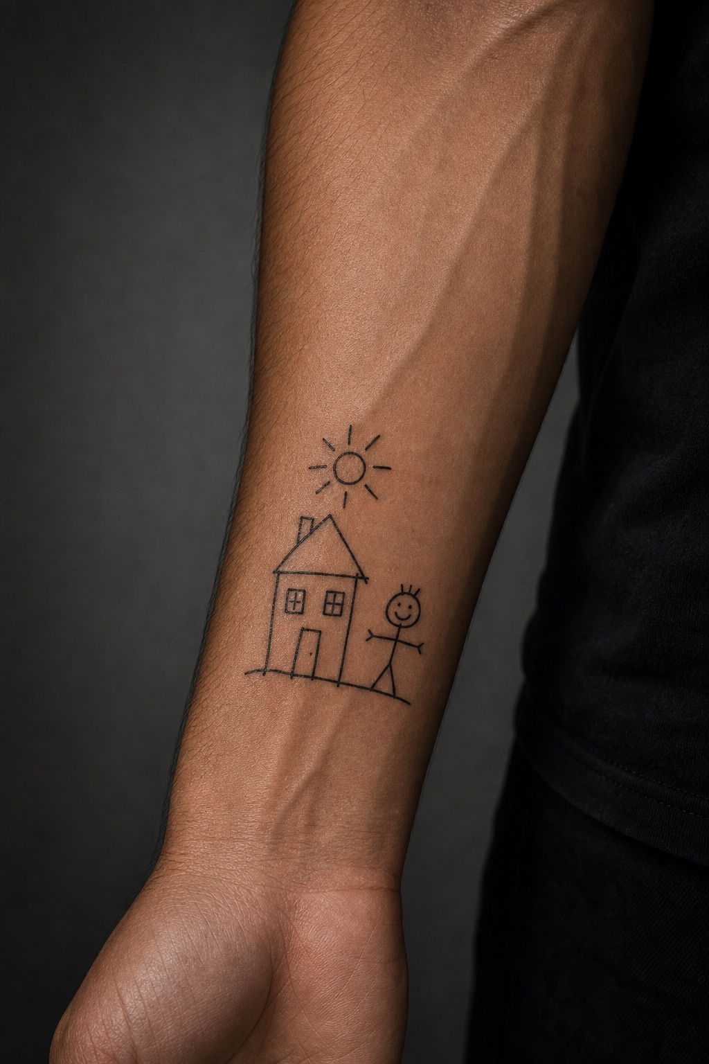 Minimal male children's drawing reproduced tattoo placement idea