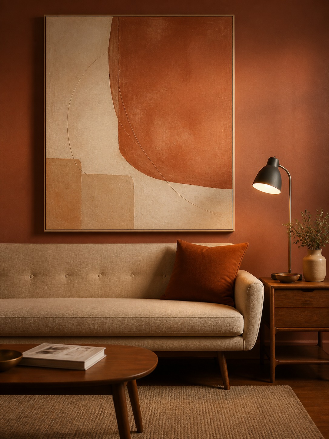 Warm terracotta abstract canvas above a mid-century sofa with evening light.