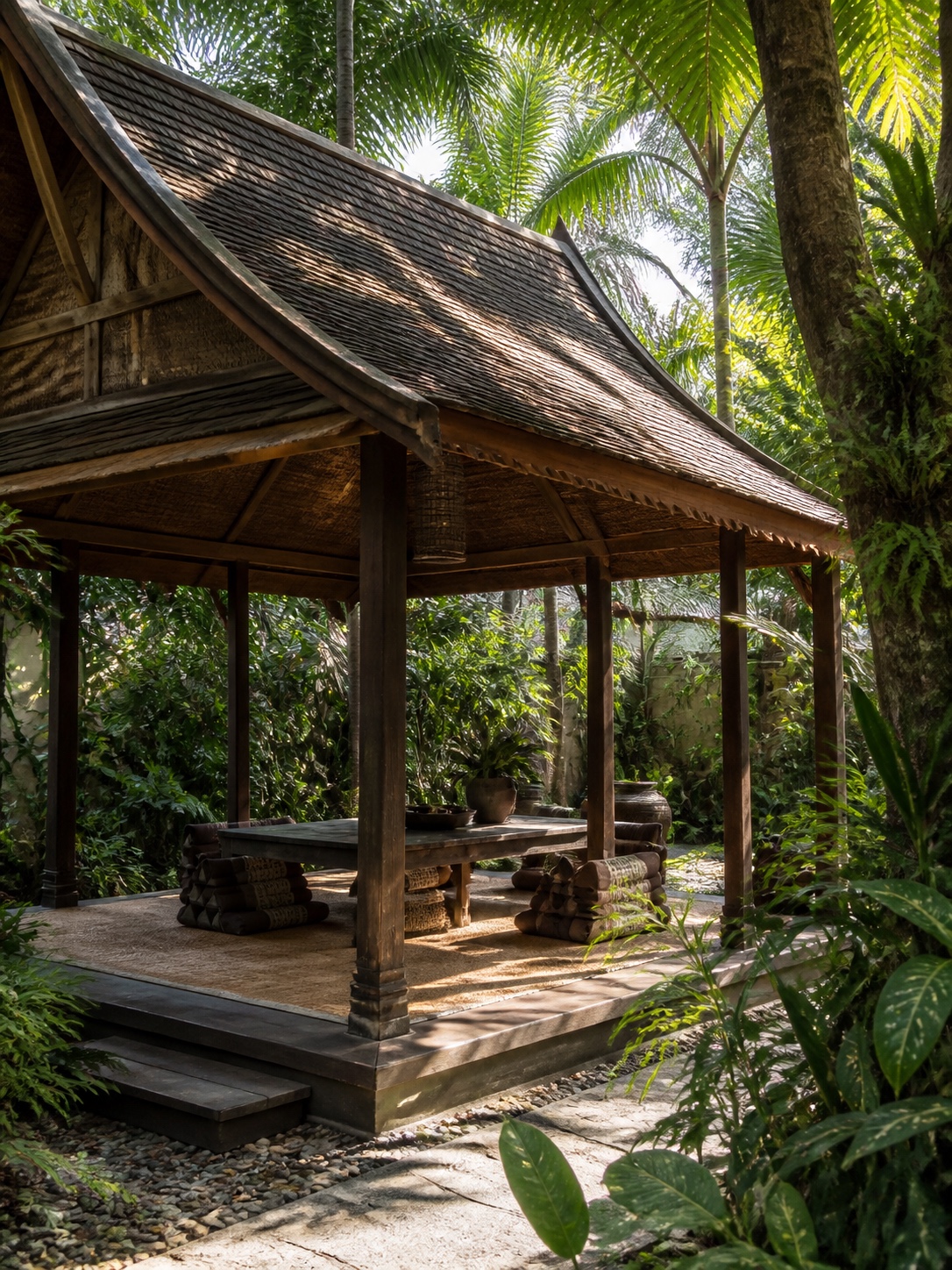 An open-sided Thai sala pavilion with timber columns set among tropical garden planting.