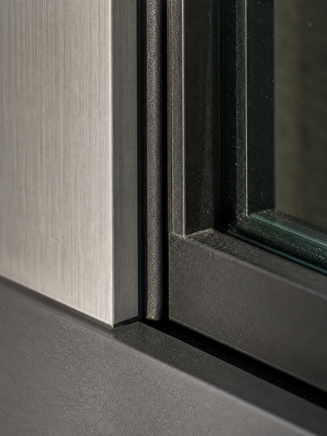 A macro view of a thermal-break aluminum window frame showing the insulating gasket between metal sections.