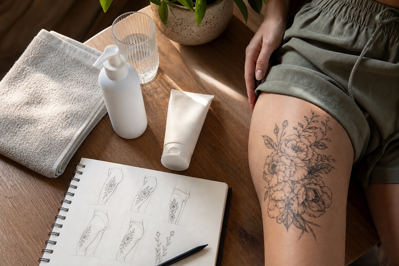 Thigh tattoo aftercare and placement planning Thigh tattoo aftercare scene with fragrance-free lotion, clean towel, SPF, and placement sketches beside a healed floral thigh tattoo. | Sky Rye Design Thigh tattoo aftercare scene with fragrance-free lotion, clean towel, SPF, and placement sketches beside a healed floral thigh tattoo.