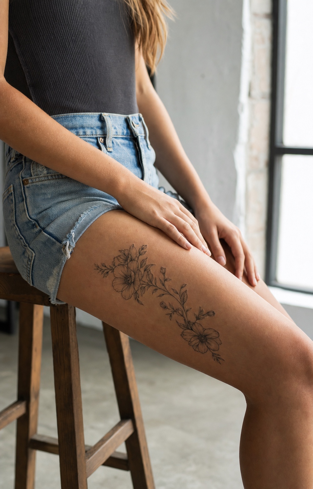 Fine-line floral outer thigh tattoo placement idea Fine-line floral outer thigh tattoo on a woman wearing denim shorts, showing how a floral design can follow the outer thigh curve. | Sky Rye Design Fine-line floral outer thigh tattoo on a woman wearing denim shorts, showing how a floral design can follow the outer thigh curve.