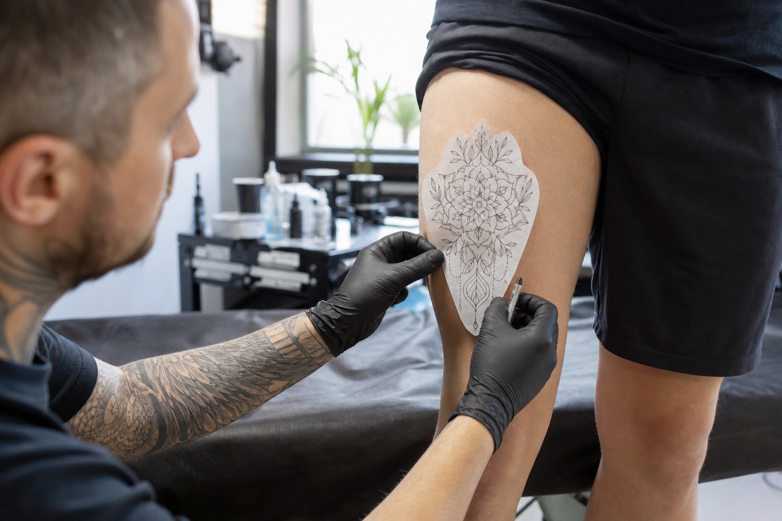 Thigh tattoo stencil placement consultation Tattoo artist positioning a floral mandala stencil on the outer thigh during a professional placement consultation. | Sky Rye Design Tattoo artist positioning a floral mandala stencil on the outer thigh during a professional placement consultation.