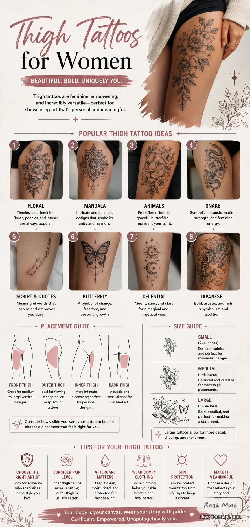 Infographic: Thigh tattoos for women — popular tattoo ideas, placement, size guide and aftercare tips.