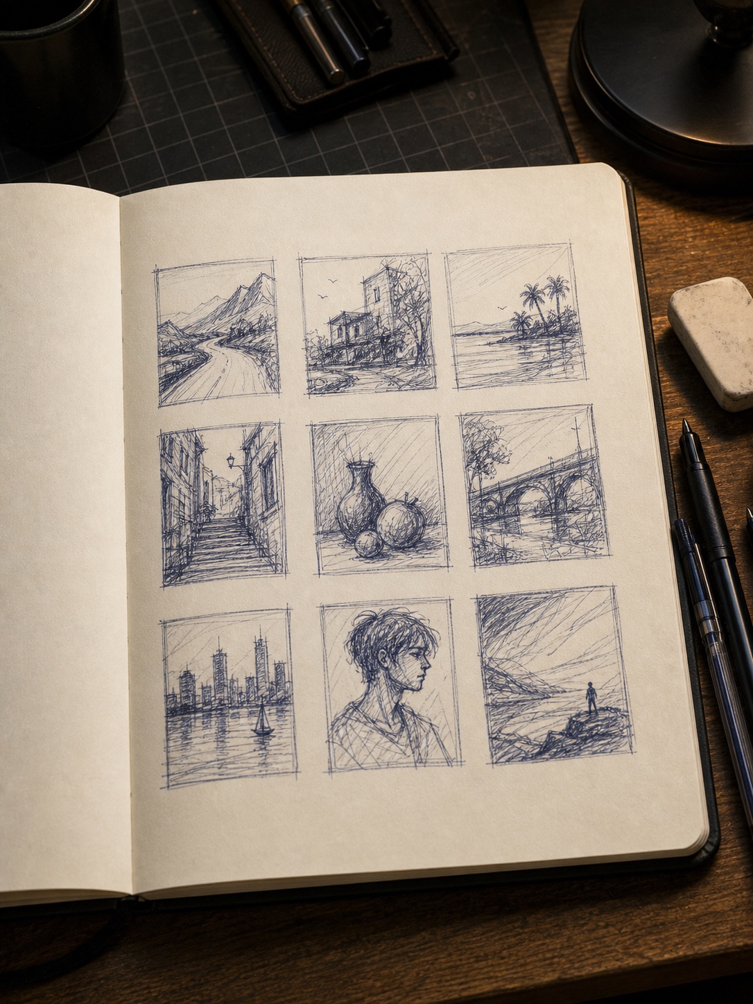 Sketchbook spread with a nine-box thumbnail grid of small composition ideas.