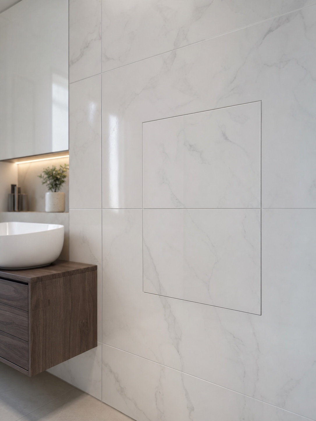 A tile-faced magnetic access panel installed flush in a marble-effect bathroom wall with matching grout lines.