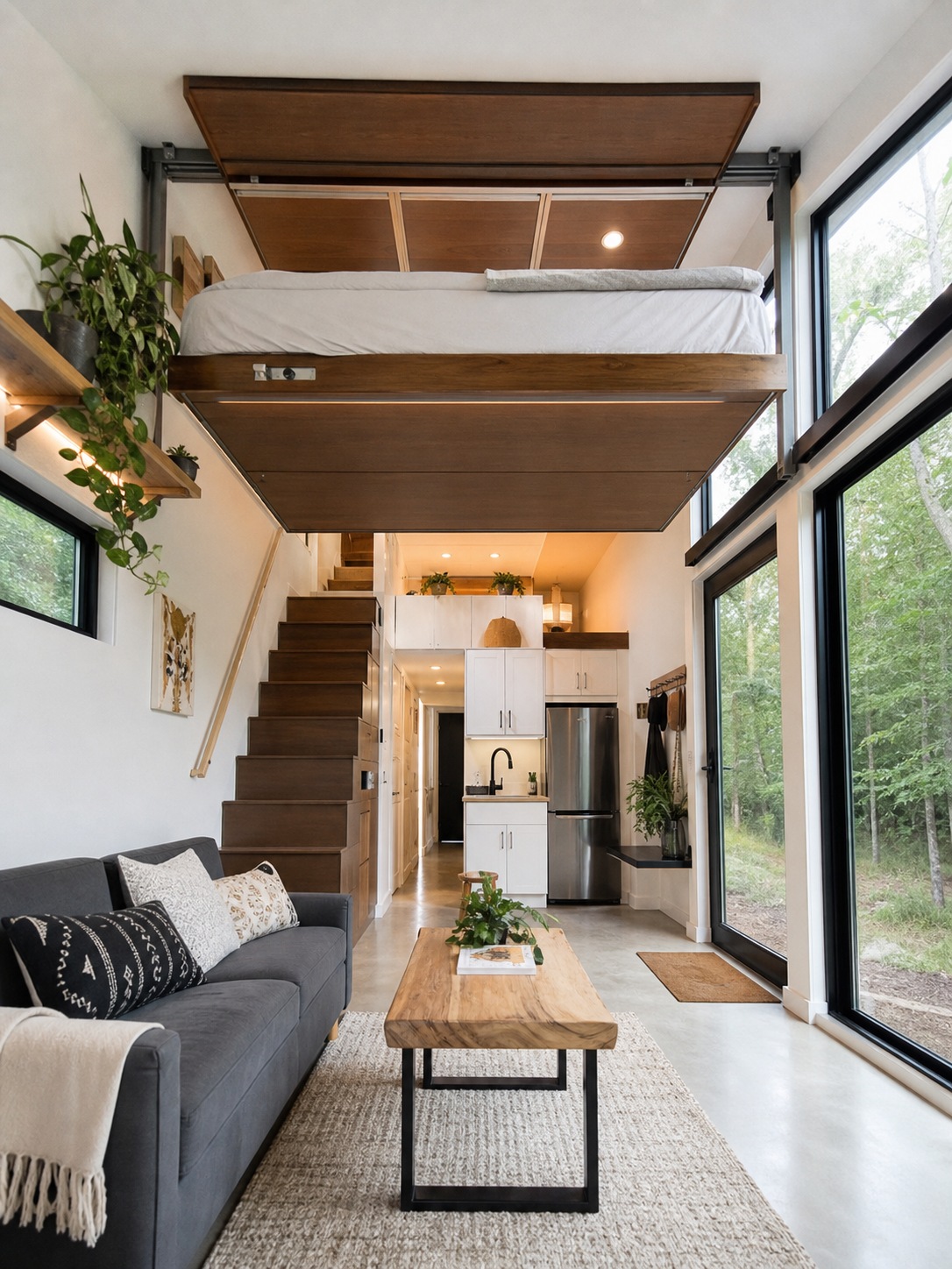 Tiny home interior with ceiling-lift bed A tiny home living area sits below a motorized bed lifted into the ceiling. | Sky Rye Design A tiny home living area sits below a motorized bed lifted into the ceiling.
