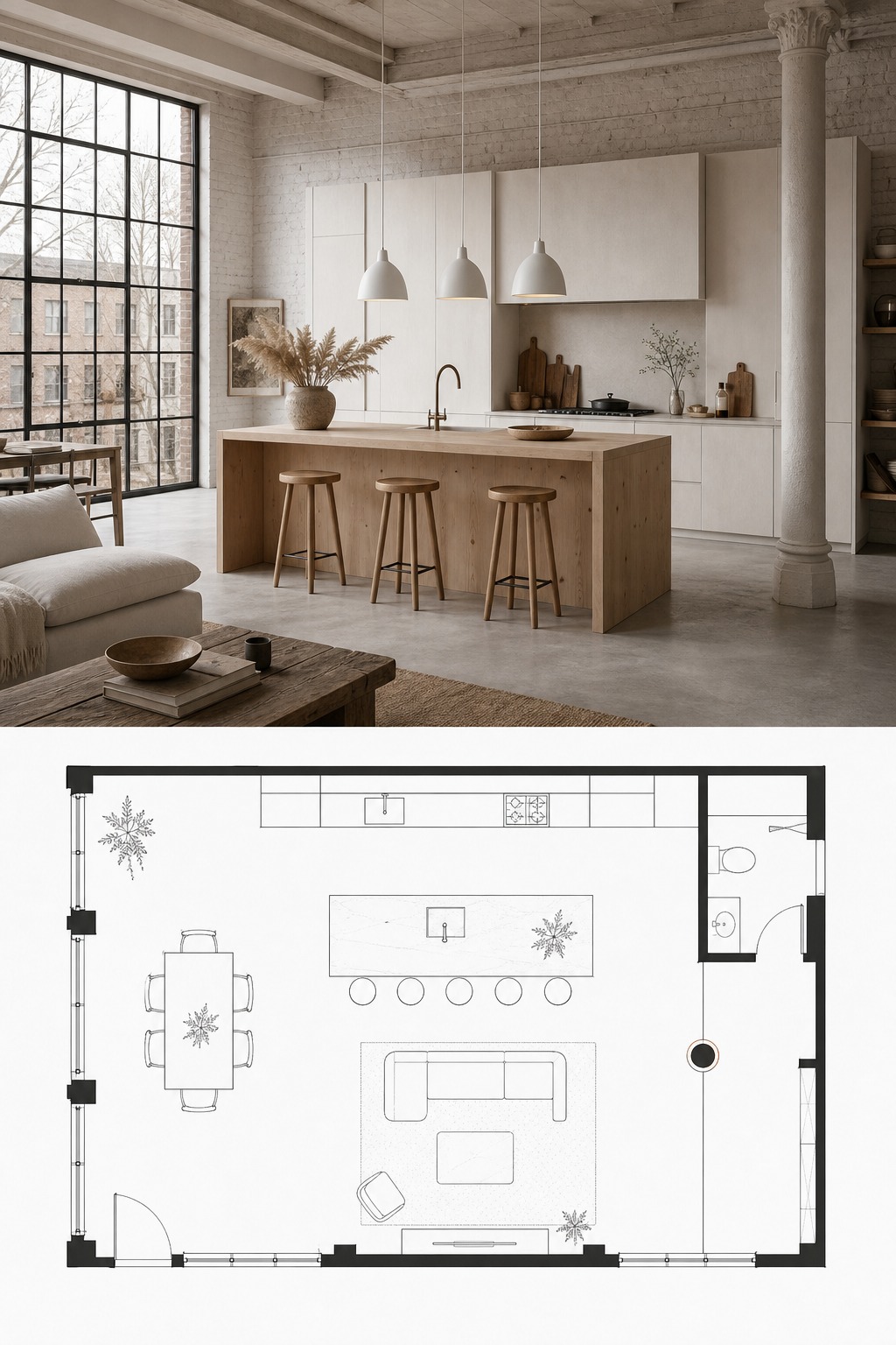 Split-panel reference of a Tokyo micro loft kitchen with compact ash cabinetry above a floor plan.